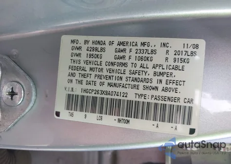 2009 Honda Accord 2.4 Lx из США, поврежденный, VIN 1HGCP263X9A074122